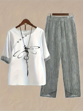 Load image into Gallery viewer, Two-Piece Dragonfly &amp; Stripe Leisure Set - Contrast Trim, Cozy Crew Neck Top &amp; Relaxed-Fit Pants - Shop &amp; Buy
