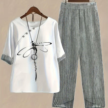 Load image into Gallery viewer, Two-Piece Dragonfly &amp; Stripe Leisure Set - Contrast Trim, Cozy Crew Neck Top &amp; Relaxed-Fit Pants - Shop &amp; Buy

