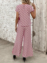 Load image into Gallery viewer, Two-piece Scallop Stripe Print Set, Tie Side Batwing Short Sleeve Blouse &amp; Side Split Wide Leg Pants Outfits - Shop &amp; Buy
