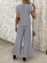 Load image into Gallery viewer, Two-piece Scallop Stripe Print Set, Tie Side Batwing Short Sleeve Blouse &amp; Side Split Wide Leg Pants Outfits - Shop &amp; Buy
