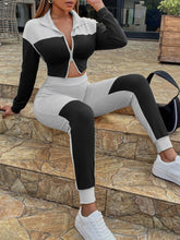 Load image into Gallery viewer, Two-Tone Collared Neck Top and Joggers Set - Shop &amp; Buy