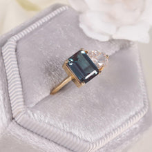 Load image into Gallery viewer, Unique Color Changing Emerald Cut Alexandrite Teardrop Moissanite Engagement 14K Yellow Gold Toi Et Moi Ring - Shop &amp; Buy
