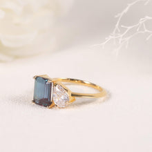 Load image into Gallery viewer, Unique Color Changing Emerald Cut Alexandrite Teardrop Moissanite Engagement 14K Yellow Gold Toi Et Moi Ring - Shop &amp; Buy
