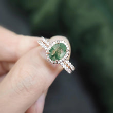 Load image into Gallery viewer, Unique Moss Agate Engagement Ring Set Dainty Thin Gold Half Eternity Band Bridal Set Gift for Her in 925 Sterling Silver - Shop &amp; Buy
