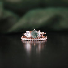Load image into Gallery viewer, Unique Moss Agate Engagement Ring Set Rose Gold Dainty Half Eternity Band Bridal Promise Ring Set Gift in 925 Sterling Silver - Shop &amp; Buy
