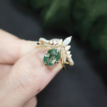 Load image into Gallery viewer, Unique Moss Agate V Shape Engagement Ring Set Chevron Wedding Band 2pcs Bridal Ring Set in 925 Sterling Silver - Shop &amp; Buy
