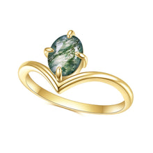 Load image into Gallery viewer, Unique Moss Agate V Shape Engagement Ring Set Chevron Wedding Band 2pcs Bridal Ring Set in 925 Sterling Silver - Shop &amp; Buy
