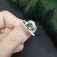Load image into Gallery viewer, Unique Oval Cut Green Moss Agate Engagement Ring Set 925 Sterling Silver 2pcs Bridal Ring Set Gift For Her - Shop &amp; Buy
