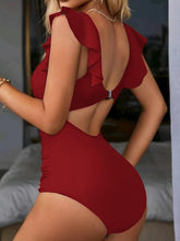Load image into Gallery viewer, V Neck Ruched One Piece Swimsuit with Flattering Ruffle Accent - Shop &amp; Buy
