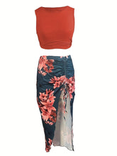 Load image into Gallery viewer, Vacation Style Two-piece Set, Solid Crop Tank Top &amp; Floral Print Drawstring Ruched Split Hem Skirt Outfits - Shop &amp; Buy
