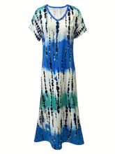 Load image into Gallery viewer, Vibrant Asymmetrical V-Neck Tie Dye Dress - Elegant, Semi-Sheer, Micro Elastic Polyester Fabric - Shop &amp; Buy
