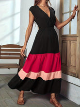Load image into Gallery viewer, Vibrant Color Block Surplice Neck Maxi Dress - Elegant Sleeveless A-Line Silhouette, Micro Elasticity, Polyester Fabric - Shop &amp; Buy
