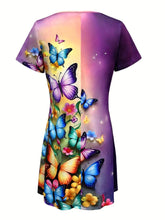 Load image into Gallery viewer, Vibrant Ombre Butterfly Print V-Neck Tunic Dress - Soft Mid-Elasticity Polyester Fabric, Casual Short Sleeve Design - Shop &amp; Buy
