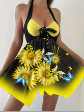 Load image into Gallery viewer, Vibrant Sunflower Print Two-Piece Tankini Set - Halter Neckline &amp; Skirted Bottoms - Shop &amp; Buy
