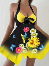 Load image into Gallery viewer, Vibrant Sunflower Print Two-Piece Tankini Set - Halter Neckline &amp; Skirted Bottoms - Shop &amp; Buy
