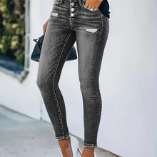 Load image into Gallery viewer, Vintage-Chic Ripped Skinny Jeans - Stretch-Fit with Frayed Hem, Water Ripple Embossed - Shop &amp; Buy
