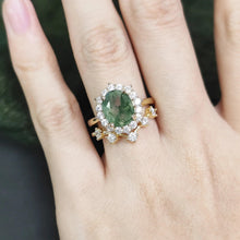 Load image into Gallery viewer, Vintage Cocktail Ring Green Moss Agate Halo Engagement Ring Unique Curved Wedding Band Ring Set 925 Sterling Silver - Shop &amp; Buy
