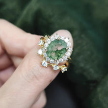 Load image into Gallery viewer, Vintage Cocktail Ring Green Moss Agate Halo Engagement Ring Unique Curved Wedding Band Ring Set 925 Sterling Silver - Shop &amp; Buy
