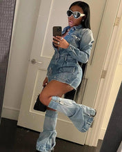 Load image into Gallery viewer, Vintage Denim Pockets Mini Dress for Women Sexy Button V Neck Turn-down Collar Skirts Slim Club Party Dresses with Trouser Legs - Shop &amp; Buy
