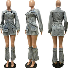 Load image into Gallery viewer, Vintage Denim Pockets Mini Dress for Women Sexy Button V Neck Turn-down Collar Skirts Slim Club Party Dresses with Trouser Legs - Shop &amp; Buy
