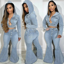 Load image into Gallery viewer, Vintage Denim Two Piece Set Women Sexy Button Turn-down Collar Crop Top + Flare Pants Slim Women Outfits Fashion Streetwear Suit - Shop &amp; Buy
