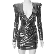 Load image into Gallery viewer, Vintage Gold Stamping Shoulder Pad Ruched Mini Dress Sexy Deep V Neck Long Sleeve Bodycon Night Clubwear Party Dresses - Shop &amp; Buy
