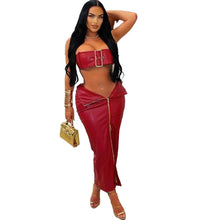 Load image into Gallery viewer, Vintage Metal Buckle PU Leather Two Piece Set for Women Sexy Tube Crop Top + Zipper Slit Long Skirts Night Club Party Outfits - Shop &amp; Buy
