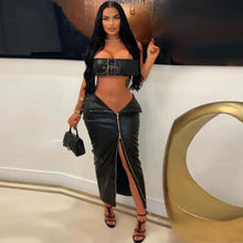 Load image into Gallery viewer, Vintage Metal Buckle PU Leather Two Piece Set for Women Sexy Tube Crop Top + Zipper Slit Long Skirts Night Club Party Outfits - Shop &amp; Buy
