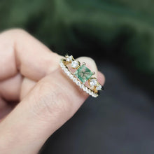 Load image into Gallery viewer, Vintage Moss Agate Engagement Ring Set 14k Gold Art Deco Wedding Ring for Women 925 Sterling Silver Unique Bridal Promise Ring - Shop &amp; Buy
