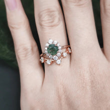 Load image into Gallery viewer, Vintage Moss Agate Halo Promise Engagement Ring Chevron Cluster Bridal Wedding Band Ring Set 925 Sterling Silver - Shop &amp; Buy

