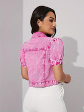 Load image into Gallery viewer, Washed Magenta Single-breasted Short Coat, Puff Sleeve Lapel Cropped Denim Jacket, Women Denim Jeans &amp; Clothing - Shop &amp; Buy
