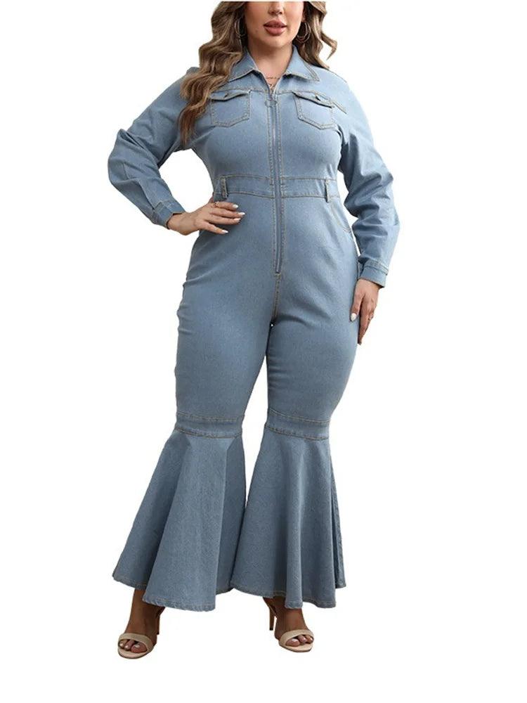 Wmstar Plus Size Denim Romper Women Solid Long Sleeve Leggings Office Lady Flared Zipper Jumpsuit Summer - Shop & Buy