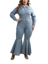 Load image into Gallery viewer, Wmstar Plus Size Denim Romper Women Solid Long Sleeve Leggings Office Lady Flared Zipper Jumpsuit Summer - Shop &amp; Buy
