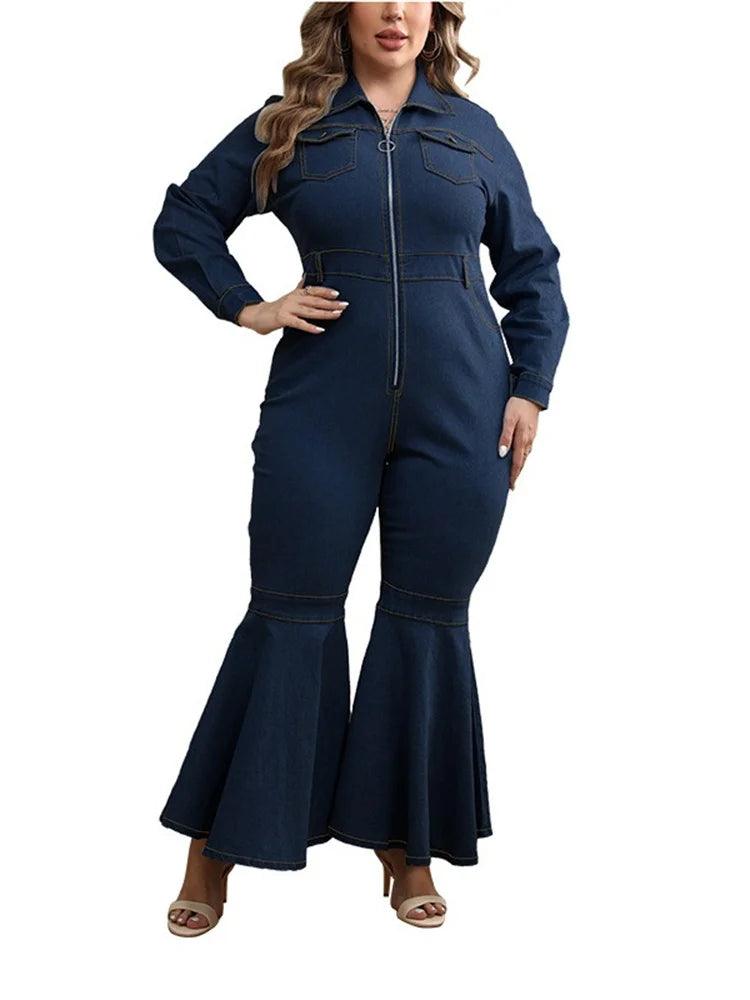 Wmstar Plus Size Denim Romper Women Solid Long Sleeve Leggings Office Lady Flared Zipper Jumpsuit Summer - Shop & Buy