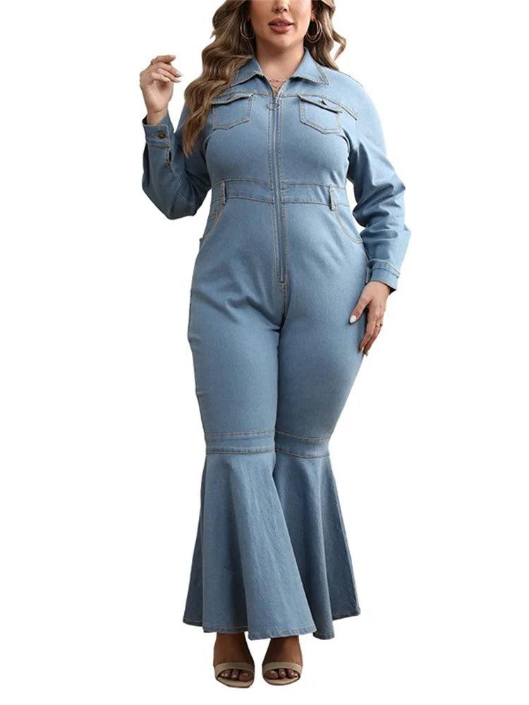 Wmstar Plus Size Denim Romper Women Solid Long Sleeve Leggings Office Lady Flared Zipper Jumpsuit Summer - Shop & Buy