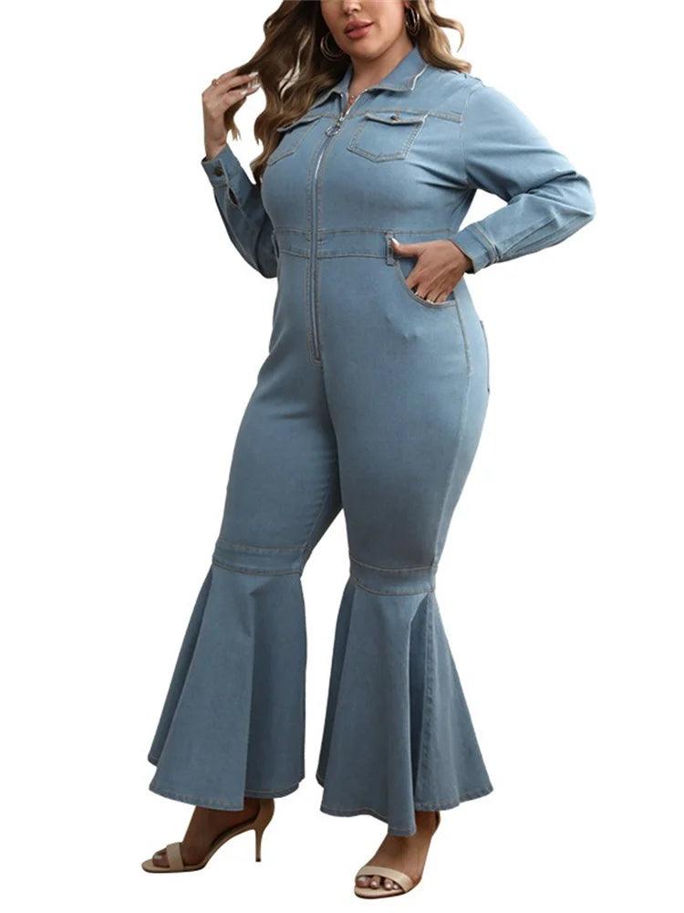 Wmstar Plus Size Denim Romper Women Solid Long Sleeve Leggings Office Lady Flared Zipper Jumpsuit Summer - Shop & Buy