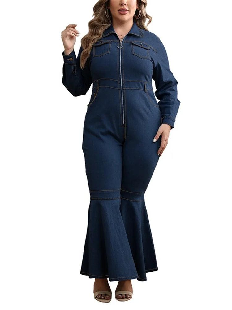 Wmstar Plus Size Denim Romper Women Solid Long Sleeve Leggings Office Lady Flared Zipper Jumpsuit Summer - Shop & Buy