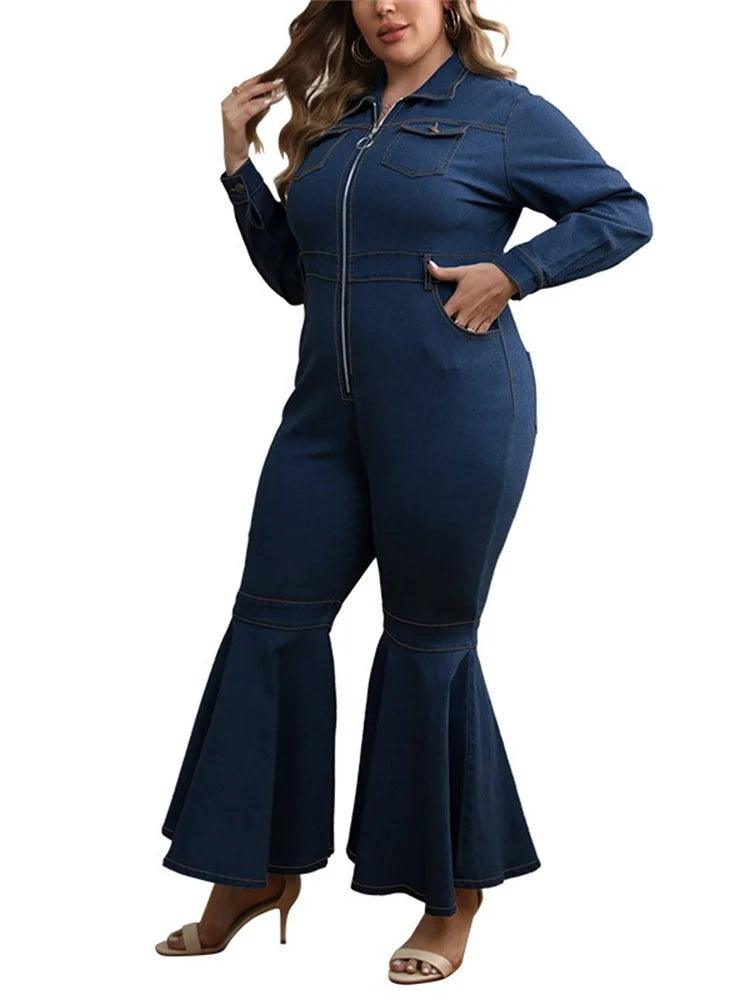 Wmstar Plus Size Denim Romper Women Solid Long Sleeve Leggings Office Lady Flared Zipper Jumpsuit Summer - Shop & Buy