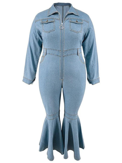 Wmstar Plus Size Denim Romper Women Solid Long Sleeve Leggings Office Lady Flared Zipper Jumpsuit Summer - Shop & Buy