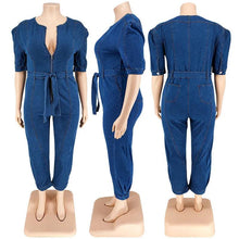 Load image into Gallery viewer, Wmstar Plus Size Jumpsuit Women Denim Zipper Up Sashes Pockets Trousers Stretch Straight Bodysuit - Shop &amp; Buy
