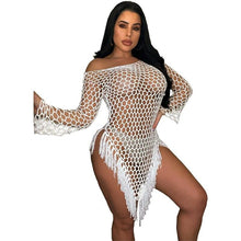 Load image into Gallery viewer, Women Beach Holiday Sexy See Though Knit Ribbed Crochet Tassel Side V-hem Irregular Cover-Ups Dress - Shop &amp; Buy