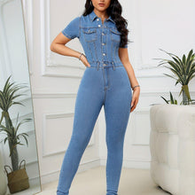 Load image into Gallery viewer, Women Chic Denim Jumpsuit - Short Sleeve, Slim Fit, and Stretchy Button-Down Jean Romper with Pockets for Everyday Style - Shop &amp; Buy
