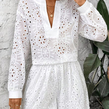 Load image into Gallery viewer, Women Chic Eyelet Short Set - Long Sleeve Notched Neck Blouse &amp; High-Waist Shorts - Shop &amp; Buy
