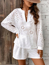Load image into Gallery viewer, Women Chic Eyelet Short Set - Long Sleeve Notched Neck Blouse &amp; High-Waist Shorts - Shop &amp; Buy
