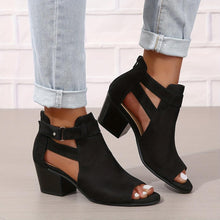 Load image into Gallery viewer, Women Chunky Heeled Sandals, Peep Toe Solid Color Cut-out Back Zipper Low Heels, Retro Stacked Heeled Sandals - Shop &amp; Buy
