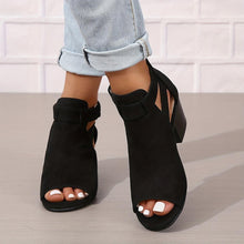 Load image into Gallery viewer, Women Chunky Heeled Sandals, Peep Toe Solid Color Cut-out Back Zipper Low Heels, Retro Stacked Heeled Sandals - Shop &amp; Buy
