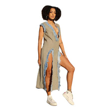 Load image into Gallery viewer, Women Denim Patchwork Long Dress Sexy Deep V Neck Sleeveless High Slit Lounge Wear Dresses Club Party Dresses - Shop &amp; Buy
