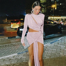 Load image into Gallery viewer, Women Elegant Glitter Bandage Two Piece Set Sexy Hollow Out Crop Top + Strap Mini Skirts Night Club Party Outfits Suits - Shop &amp; Buy
