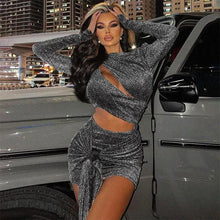 Load image into Gallery viewer, Women Elegant Glitter Bandage Two Piece Set Sexy Hollow Out Crop Top + Strap Mini Skirts Night Club Party Outfits Suits - Shop &amp; Buy
