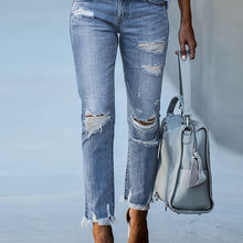 Load image into Gallery viewer, Women Fashion-Forward Ripped Distressed Jeans - Trendy Raw Hem, Washed Blue Hue - Shop &amp; Buy
